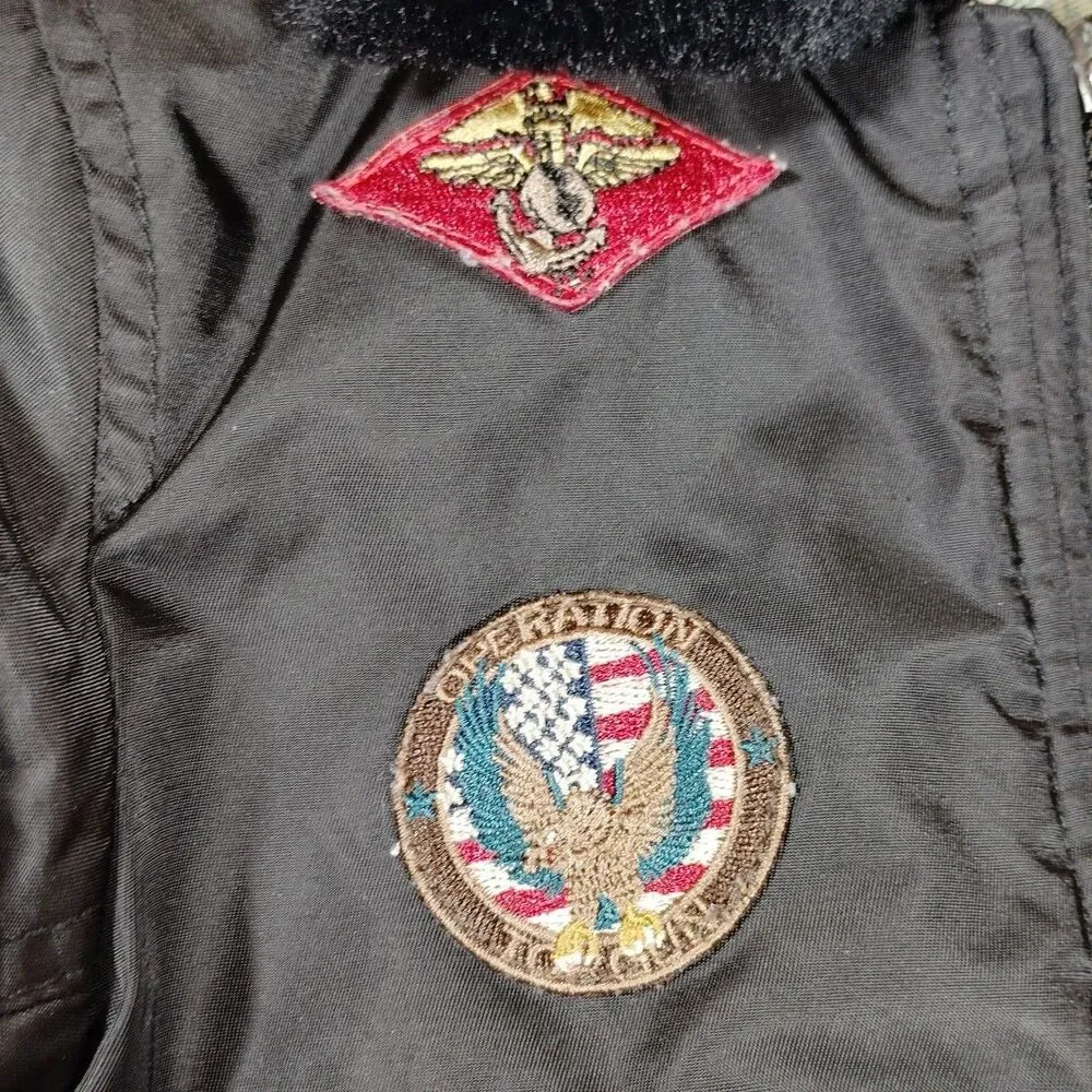 Tommy Top Gun Bomber Jacket Coat 2T Black Patches Military Full Zip Faux Fur